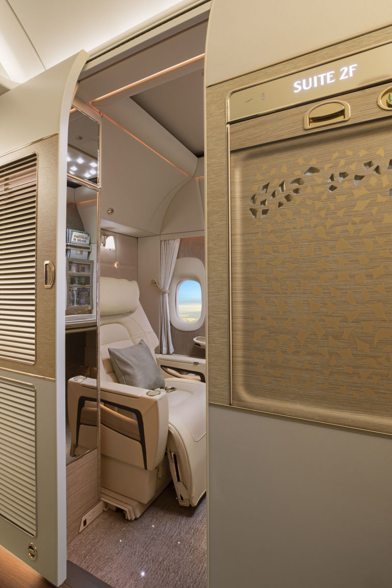 From the outside of the luxury cabin, looking in.